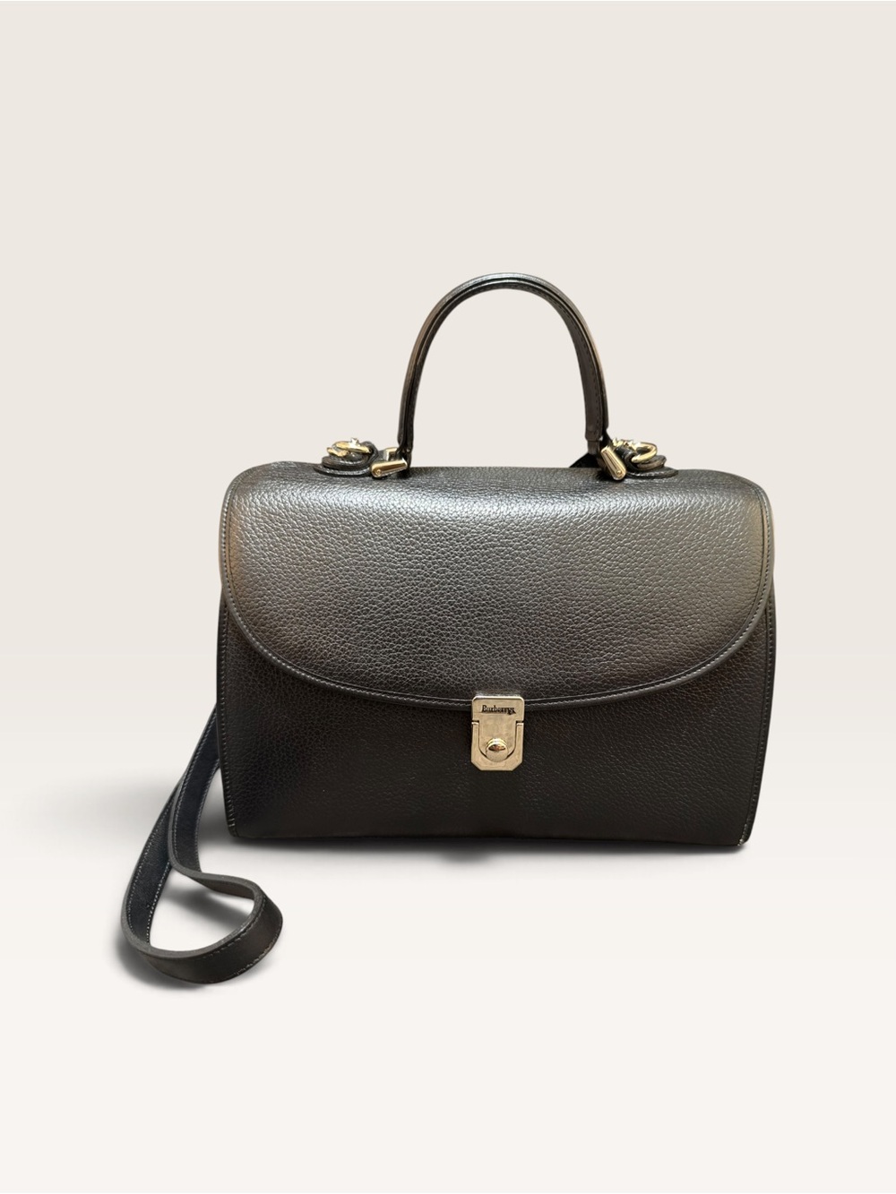 Burberrys Vintage Black Grained Leather Top Handdle Bag Crossbody Haymarket